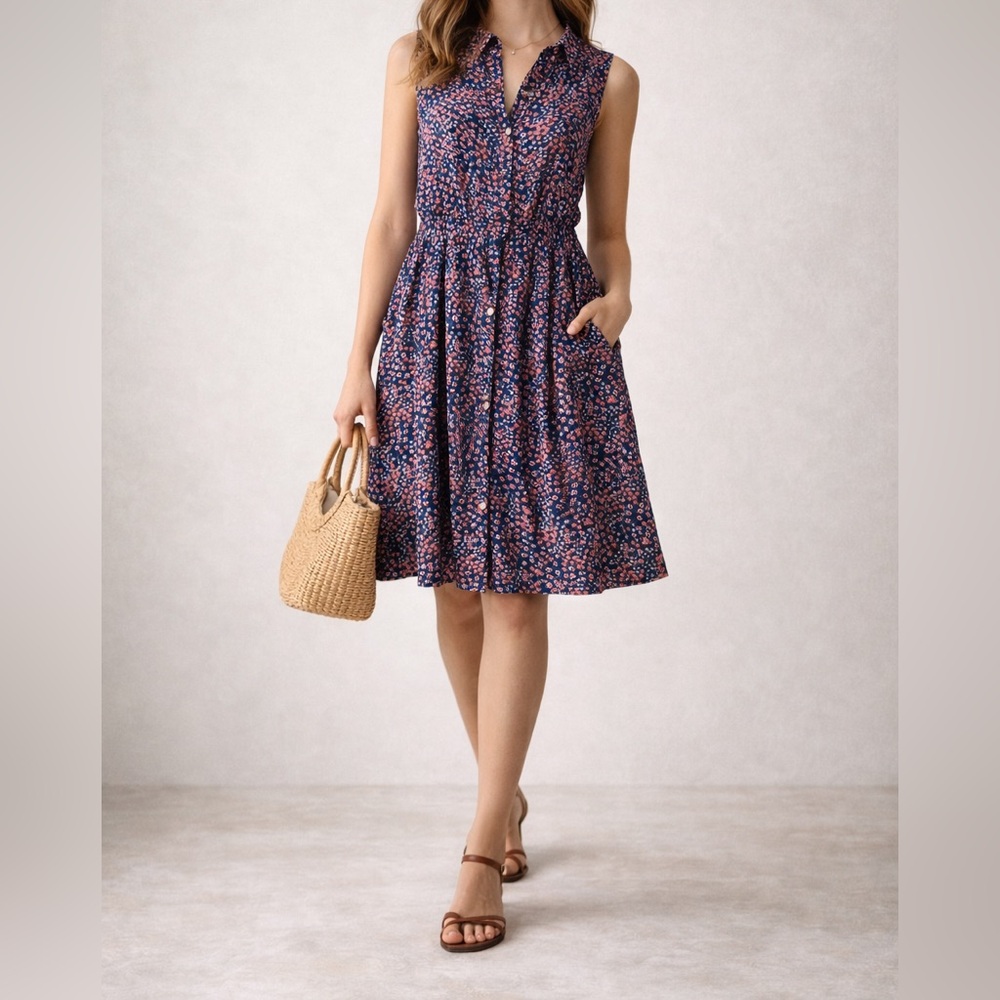 Pepe Jeans Navy Floral Sleeveless Button-Front Dress with Pockets